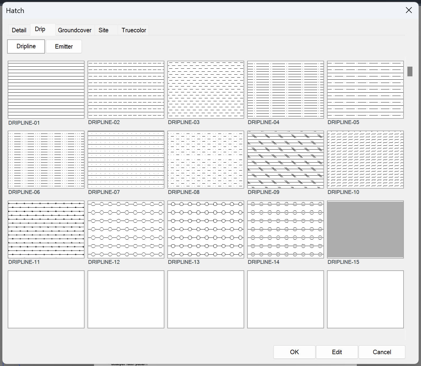 Updated Hatch dialog box showing Drip hatch patterns